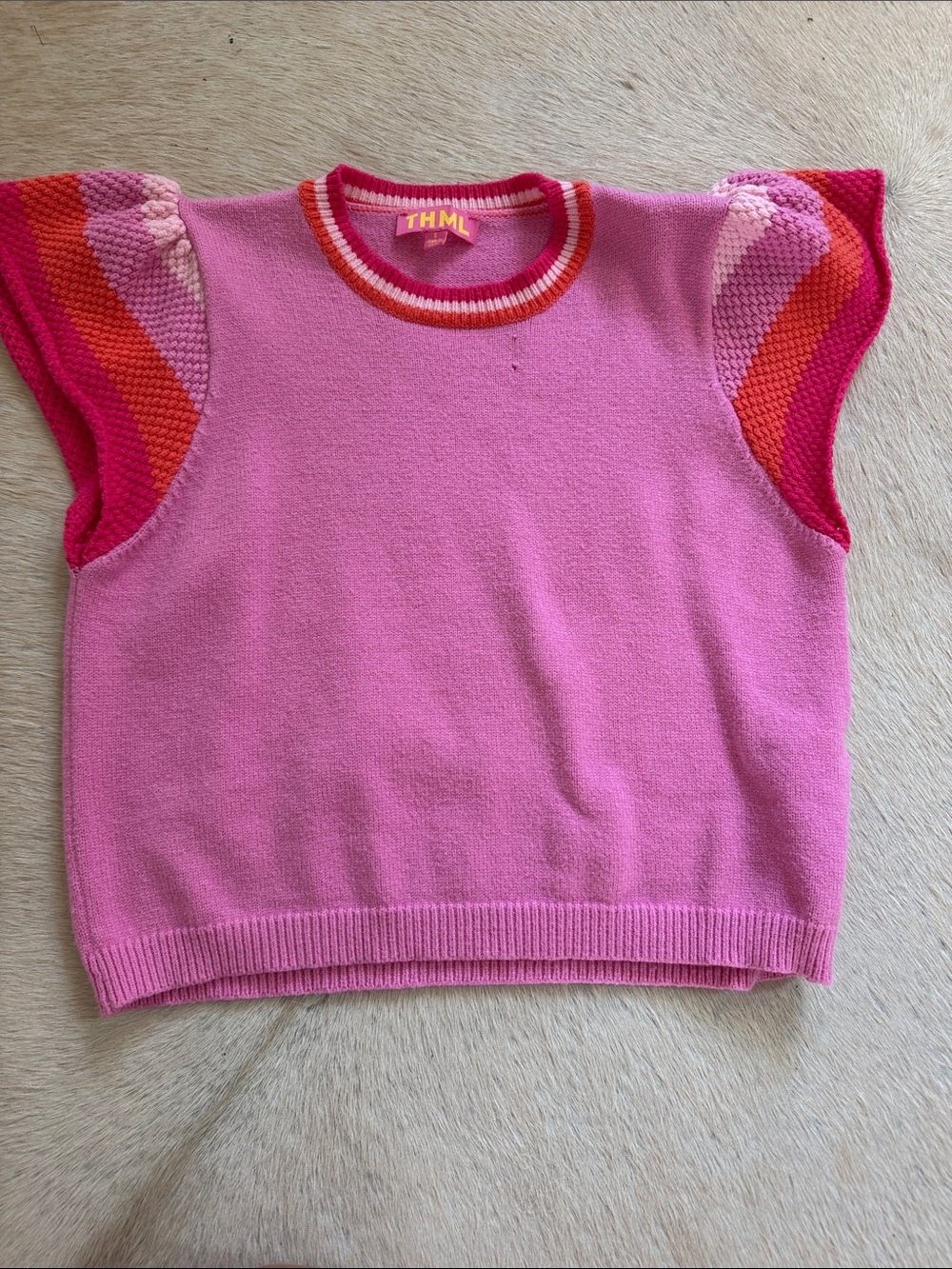 THML Pink Knit Sweater Top with Multicolor Sleeve Stripes